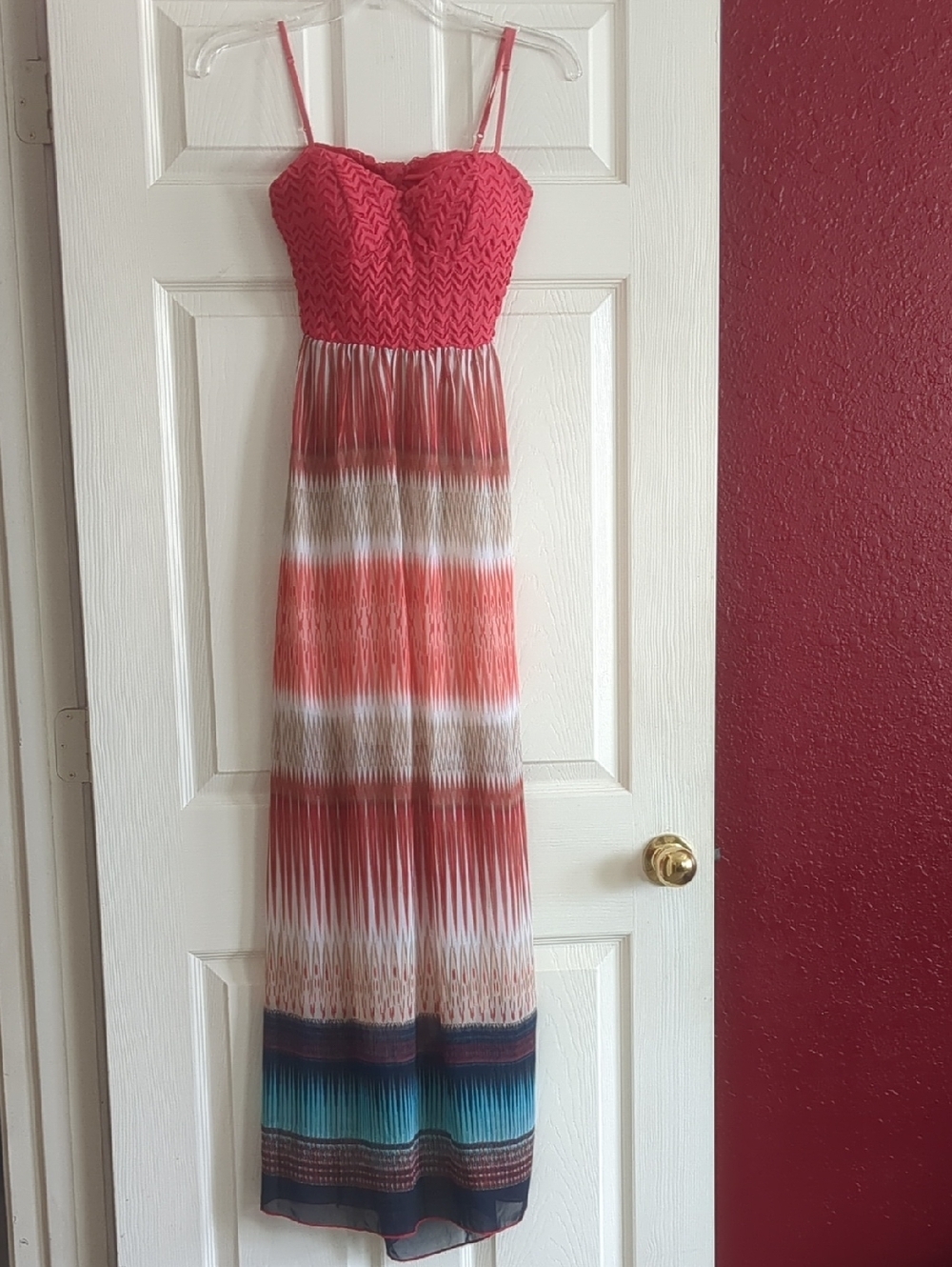 Trixxi Coral Pink to Teal Ombre Chiffon Maxi Dress with Strappy Bodice